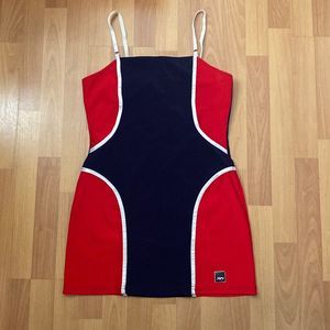 Vintage Rare 80s Xers Bodycon Jersey Dress Red Blue White Women XL Made in USA
